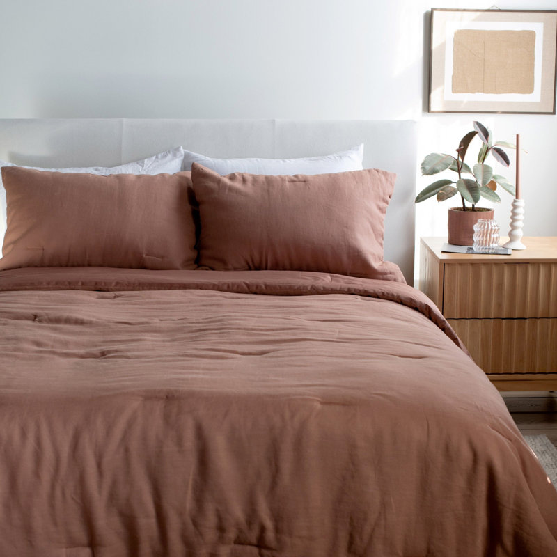 French Linen Comforter & Sham Set, Clay, Queen Comforter + 2 Standard Pillow Shams