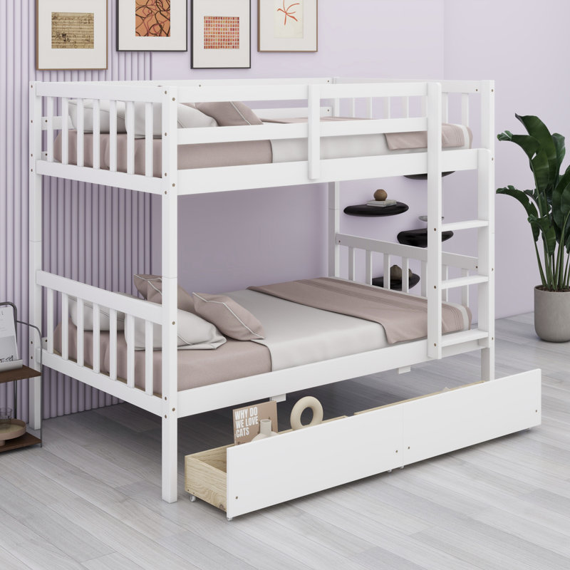 Lit superposé en bois avec 2 tiroirs, avec échelle et garde-corps, convertible en 2 lits, Blanc