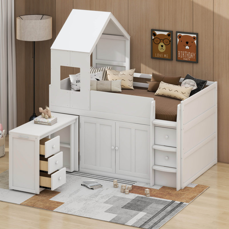 Lit mezzanine simple en bois avec bureau, tiroirs, armoires, Blanc