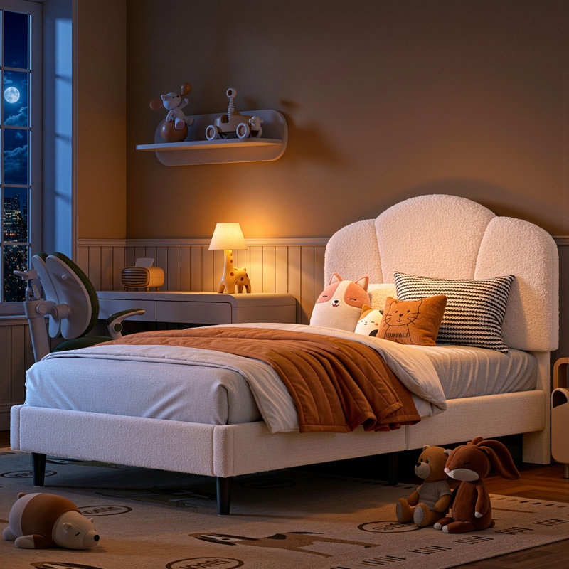 Twin Size Upholstered Platform Bed Frame – Lamb Velvet, Headboard, Plywood Slats, 800 lbs Support, No Box Spring Needed, White