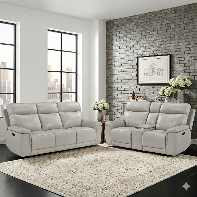 Ensemble de canapé de salon inclinable électrique en cuir fleur 2 pièces avec accoudoirs électriques et console centrale Amaris