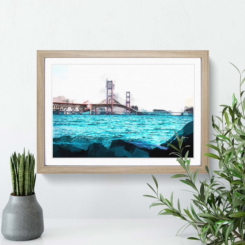 Mackinac Bridge in Michigan in Abstract - Picture Frame Graphic Art Print, 60cm H x 91cm W x 2cm D, Oak
