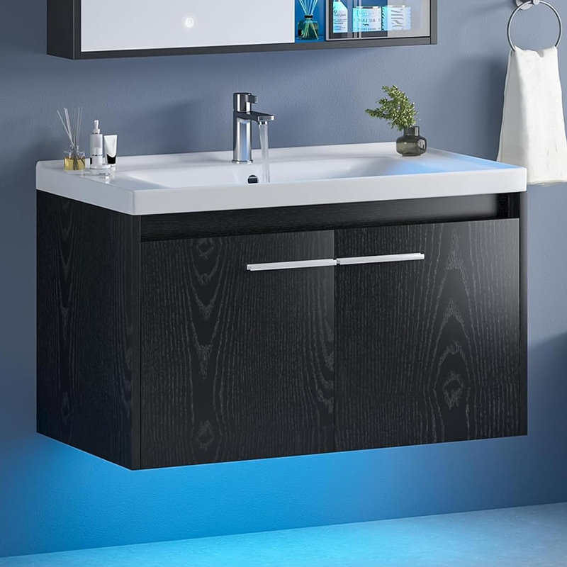31" Black Floating Bathroom Vanity with Sink, Modern Clearance Bathroom Vanities LED Light, Black
