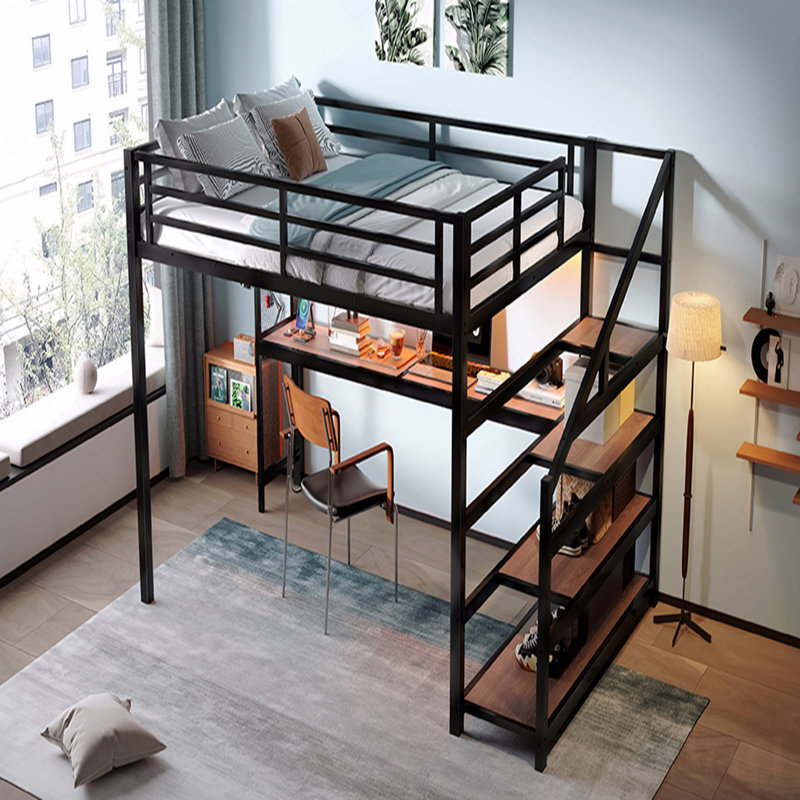 Queen Loft Bed Frame With Desk And With Storage Function Stairs, Metal Material Loft Bed Frames With Led Lighting Function Lights, With Usb Charging Function Ports, Multifunctional Iron Nets And Noise-Free, In Black Finish