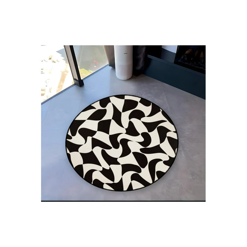 Black And White Shapes Patterned Woven Base Decorative Carpet, Round 2'8"