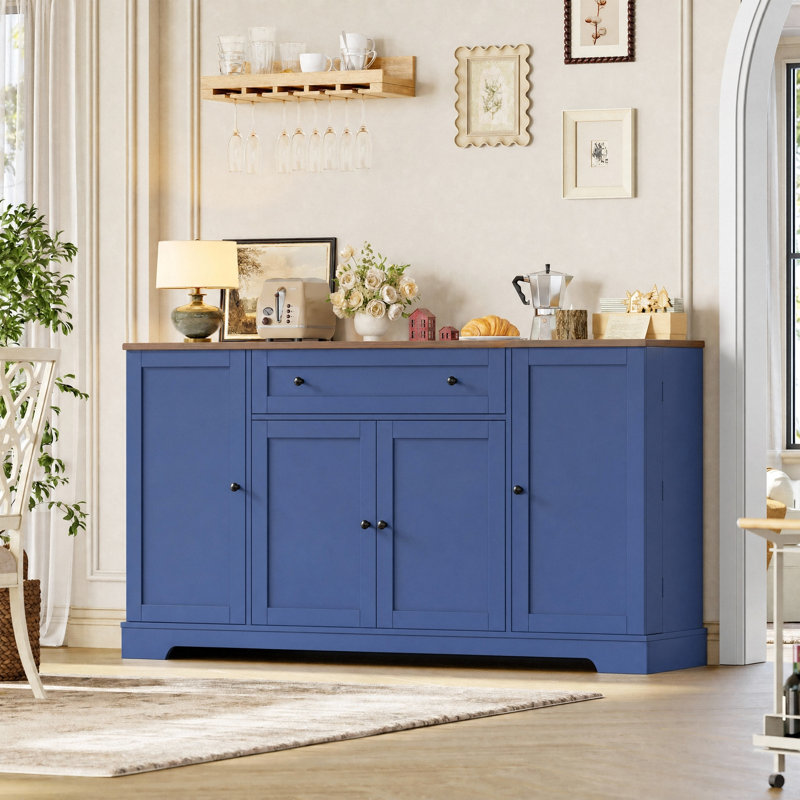 Buffet de 54 po de largeur avec portes de garde-manger, tablettes réglables et grand tiroir, Bleu