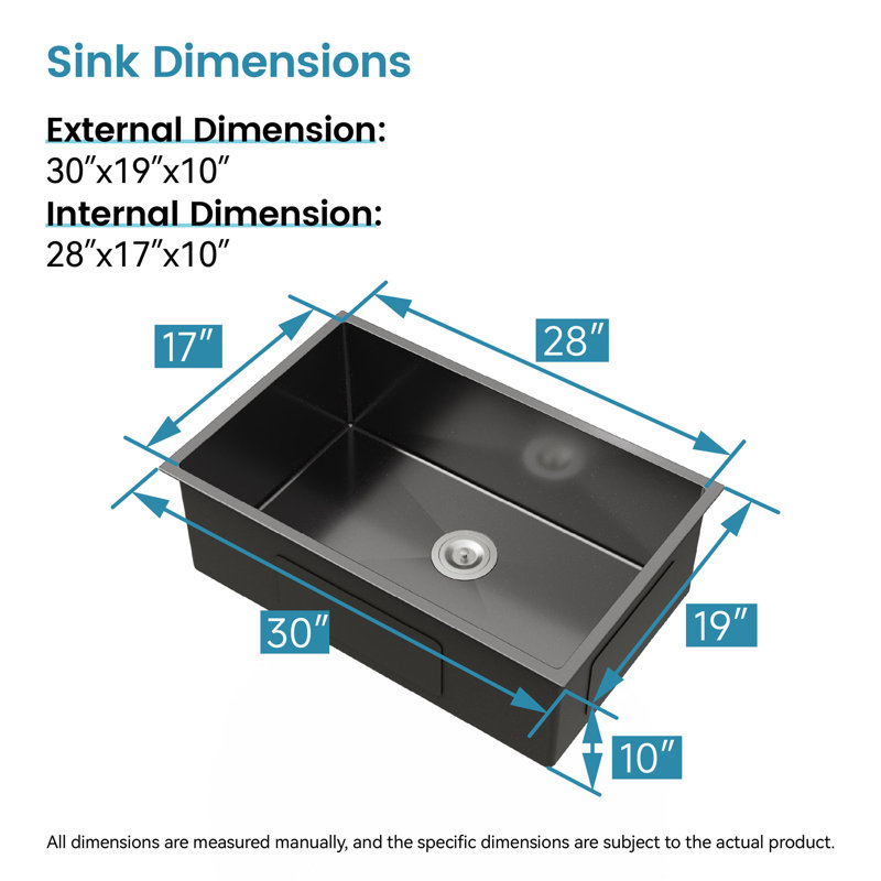 Évier de cuisine en acier inoxydable à simple cuve moderne avec drain, crépine, Black, 30 po x 19 po x 10 po
