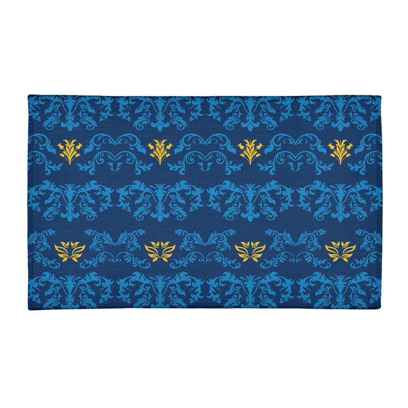 Tapis bleu marine / jaune Damask, Rectangle 3 pi x 5 pi