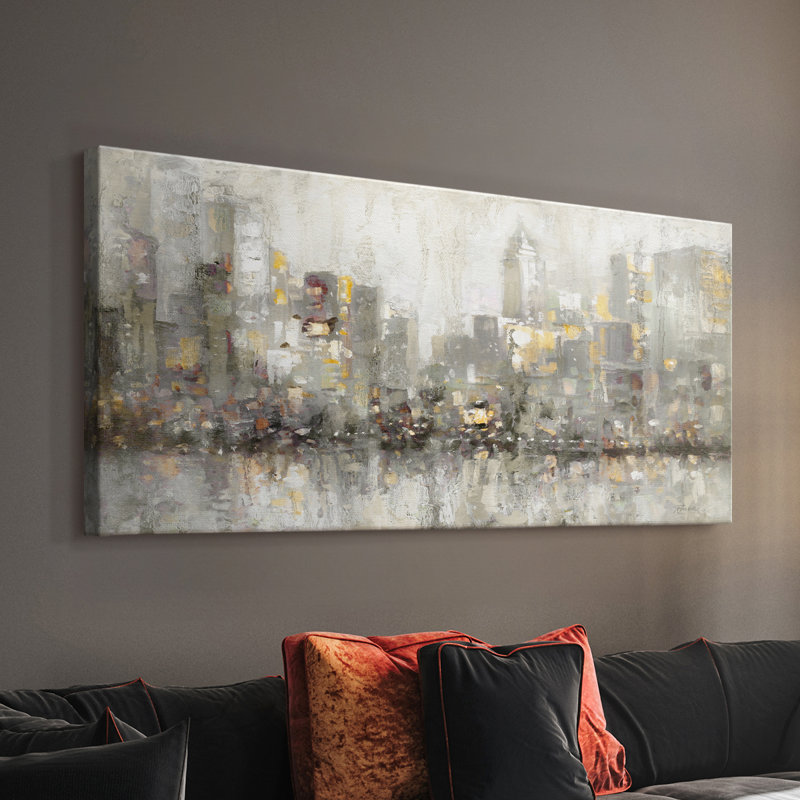 Paysage urbain abstrait - Toile tendue avec châssis - Prêt à accrocher, H 24 po x l 48 po
