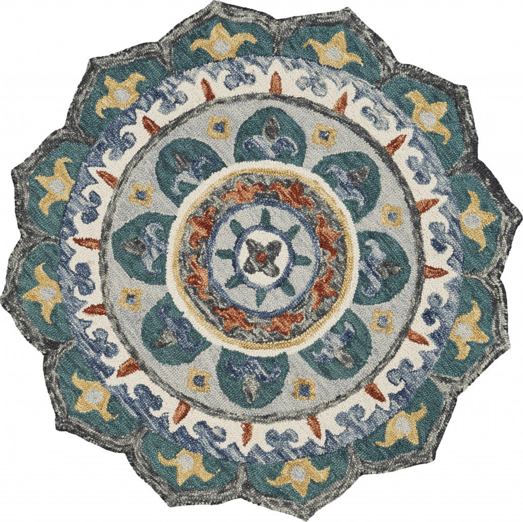 Theda Rug Canora Grey Round Padula Geometric Hand-Knotted Wool Blue/Yellow/Red ...