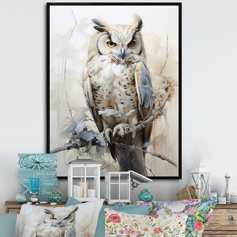 «Wise And Watchful Majestic Owl I», art mural hibou, 32" H x 16" W, Cadre flottant noir