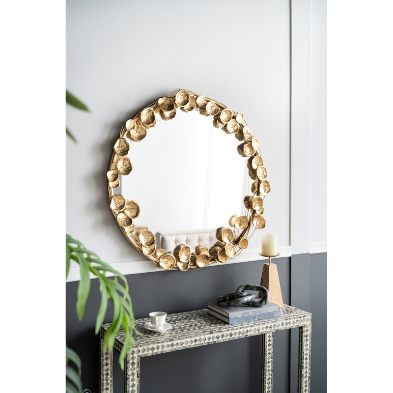 35,47 po Large miroir mural en métal avec embellissement de feuille d'or, accessoire de salon moderne, fer robuste et