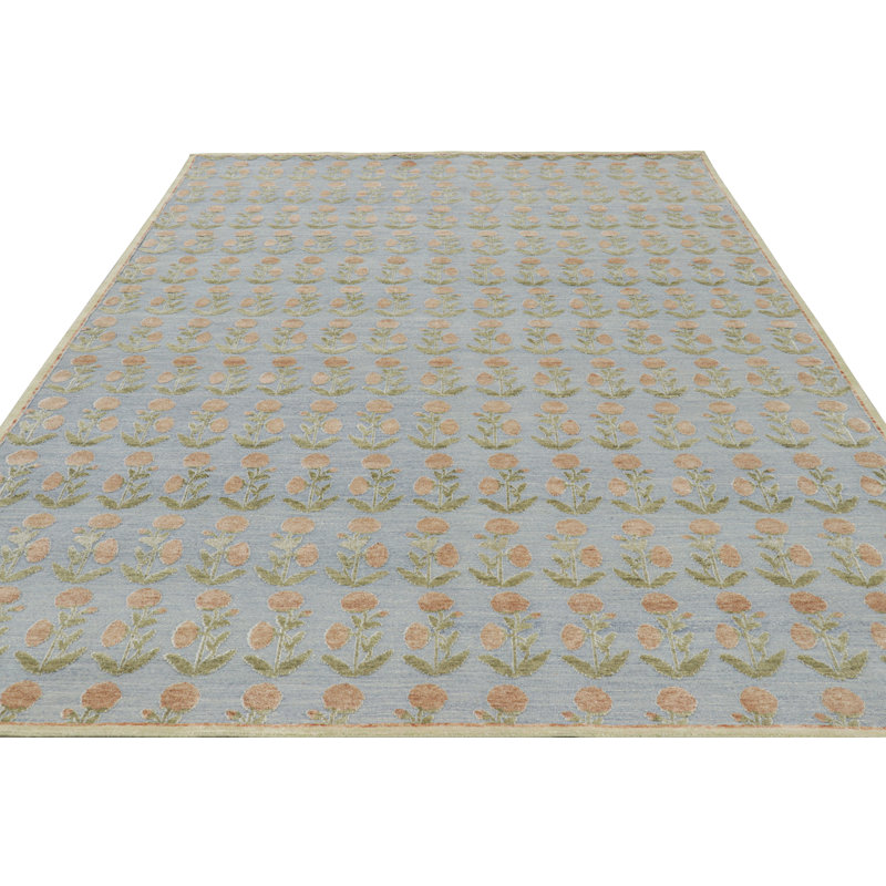 Rug & Kilim’S Block Print Rug Design With Brown And Green Floral Patterns, Rectangle 4' x 5'