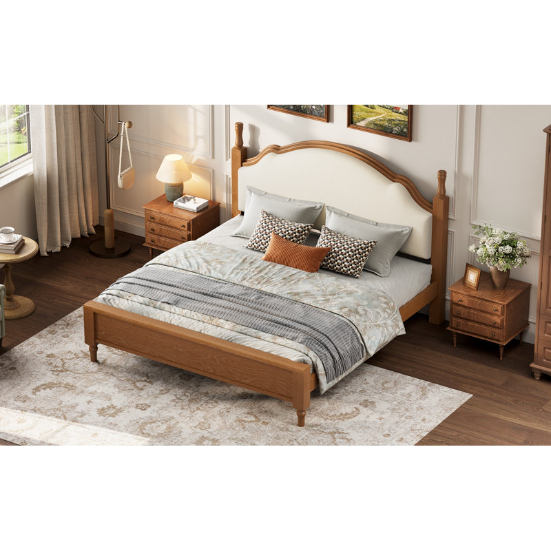 Lit plateforme grand Serenade avec tête de lit tapissier en lin et bois