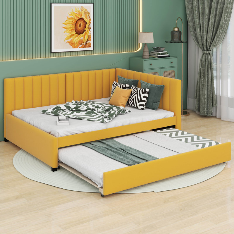 Ayob Upholstered Linen Daybed with Trundle Bed, Yellow
