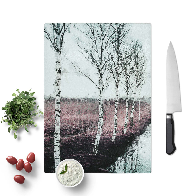 Tempered Glass Row of Birch Trees Chopping Board, 28.5 cm W x 39 cm L