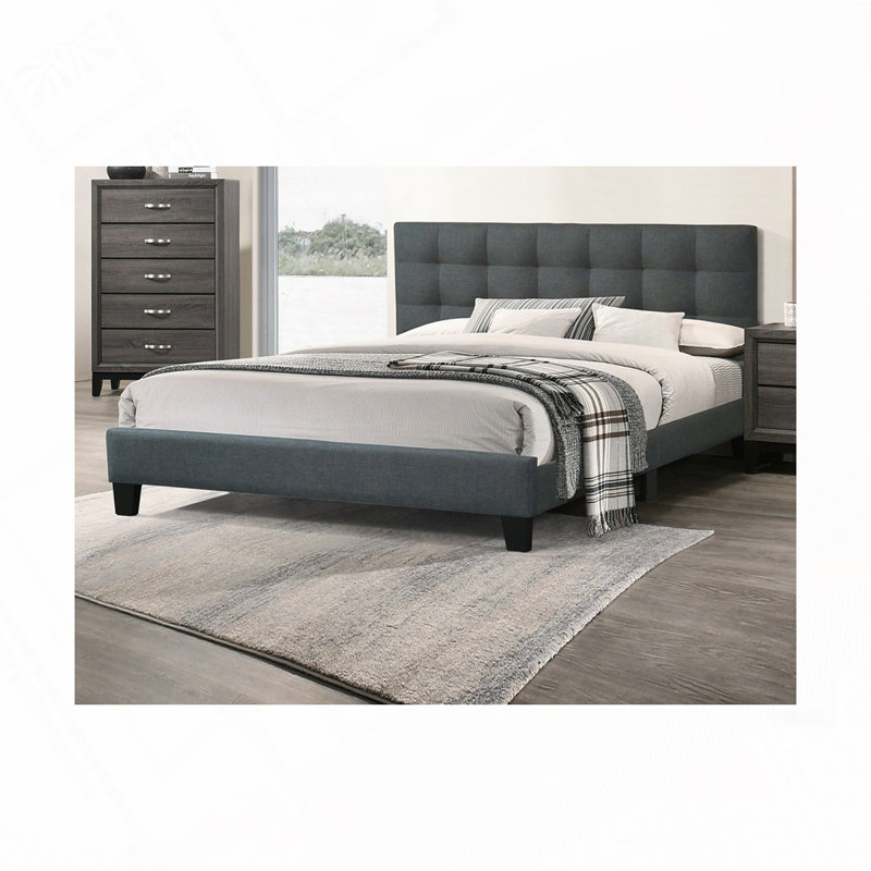 Upholstered Wooden Bed with Tufted Headboard, Charcoal, Queen