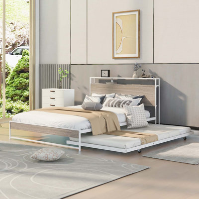 Metal Platform Bed Frame With Trundle,USB Ports And Slat Support,No Box Spring Needed