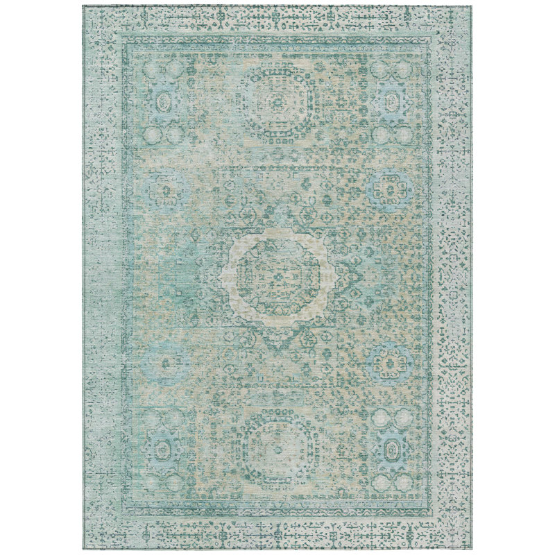 Machine Washable Indoor/Outdoor Xhevrie Turquoise Rug, Rectangle 2'6" x 3'10"