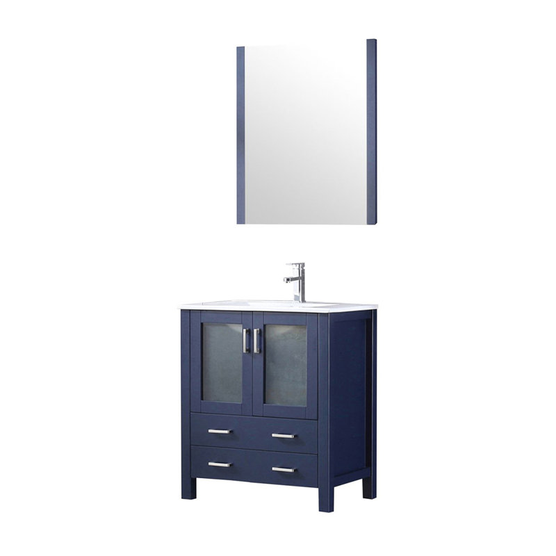 Meuble-lavabo bleu marine l 30 po x P 18,25 po, comptoir en céramique blanche, ensemble de robinets et miroir de 28 po