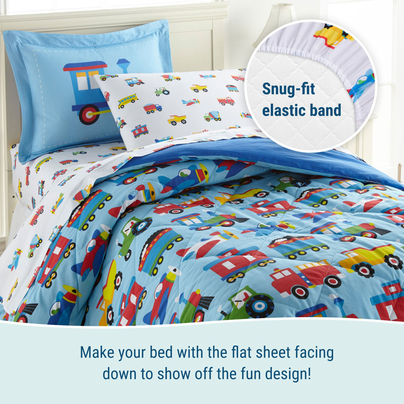 Wildkin 5-Piece Twin Bedding Set – 100% Cotton Comforter, Sheets & Pillowcase for Cozy Cuddles - Trains, Planes, and Trucks