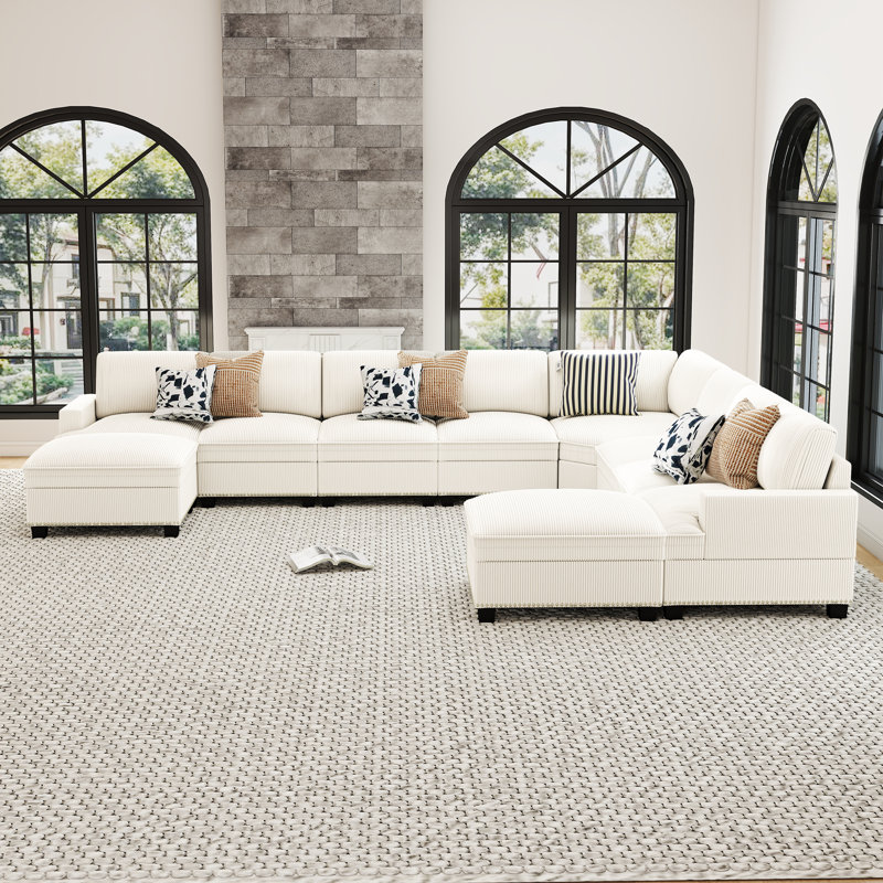 10-Piece Modern Spacious Corduroy Corner Sectional Sofa, Cloud Couch With Chaise & Nailhead Trim, Beige Corduroy