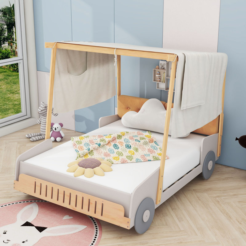 Wooden Car-Shaped Platform Bed with LED and Pillows, Full
