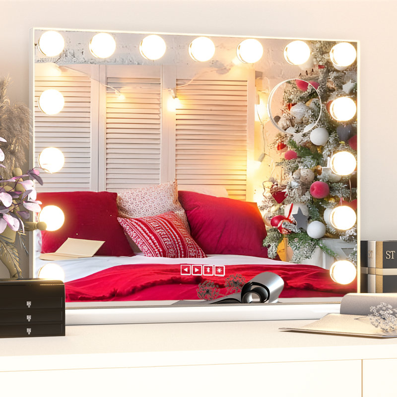 Vanity Mirror with Bluetooth Speaker and Lights, Hollywood Mirror with 15 Bulbs 3 Colour Modes USB