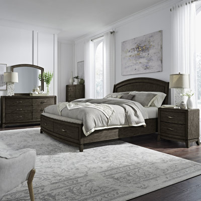 Ensemble de chambre à coucher avec lit à panneaux, commode et miroir, commode et deux tables de chevet Drelan