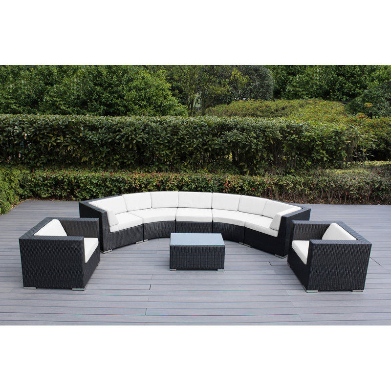 Billyjo Wicker 7 - Person Curved Seating Group with Cushions - No Assembly, Canvas Natural Sunbrella® Canvas, Black