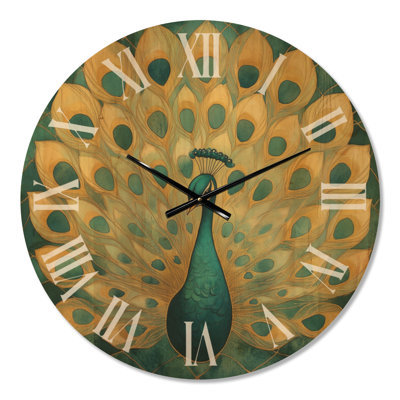 Oversized Wildlife Art Deco Round Wood Wall Clock – Art Deco Peacock Elegance