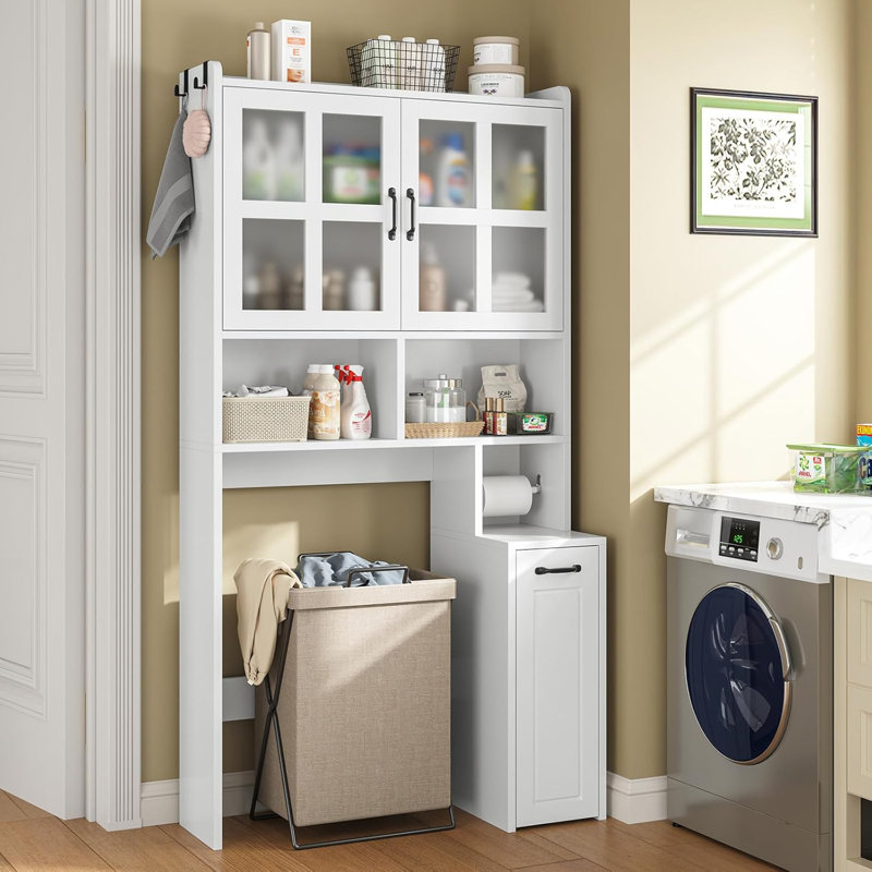 Over The Toilet Storage Cabinet With Pulley And Glass Doors, White