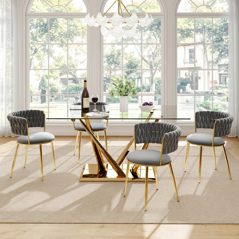 Ensemble de salle à manger à piédestal luxtury, 5 pièces: table, 4 chaises, Gris, Doré