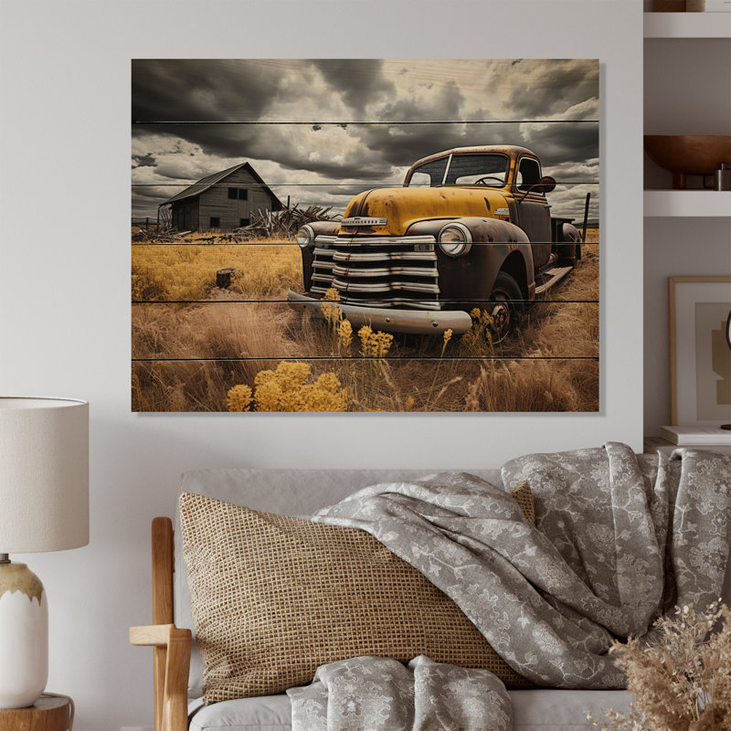 Camionnette jaune, voyage rustique I sur bois, H 10 po x l 20 po x P 0,78 po