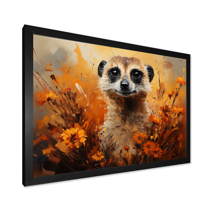 Suricate brun, prairie florale III - art mural Meercat, Cadre d'angle fermé noir, H 20 po x l 12 po x P 1 po