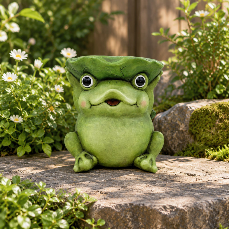 Petite statuette de grenouille avec chapeau en feuille de lotus, figurine décorative pour jardin