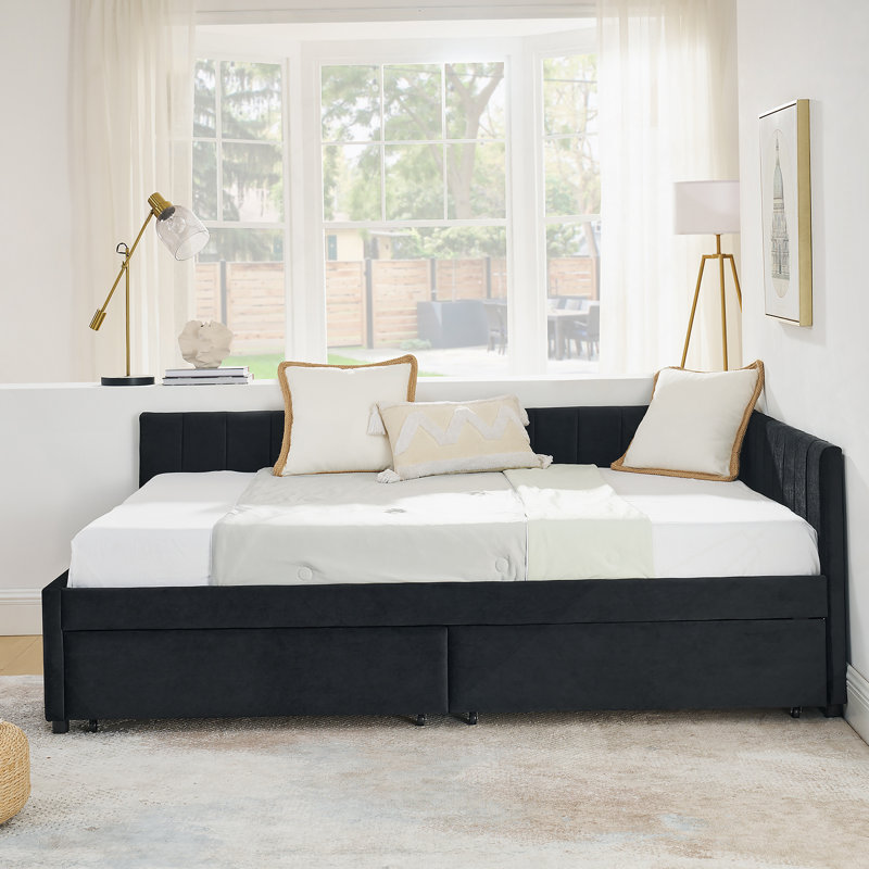Upholstered Tufted Bed With Two Drawers,Comfortable Backrest And Armrests