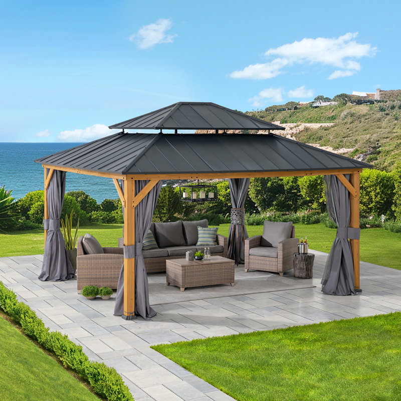 Sunjoy 3.9m x 4.5m Hardtop Cedar Wooden Gazebo with 2-Tier Top, Anthracite Frame - Outdoor Garden Oasis with Curtain & Netting