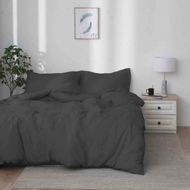 Ensemble de housse de couette 100% lin, Housse de couette très grand + 2 taies d'oreiller, Gris foncé
