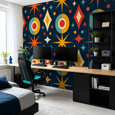 Peel and Stick Wallpaper Wall Mural Retro Mid Century Modern Geometric Stars Diamonds Bold Colors Wall Art Self Adhesive and Removable