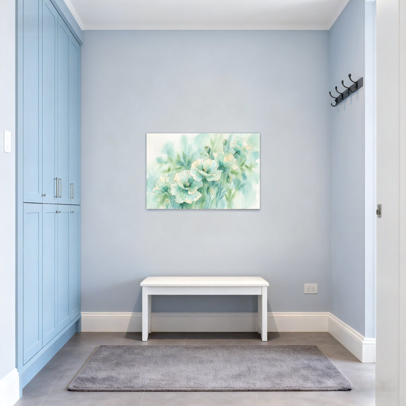Plantes et fleurs à l'aquarelle sur fond bleu-vert doux, H 28 po x l 40 po