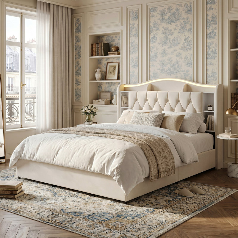 EU Double & King Velvet Ottoman Bed with Smart LED & Wireless Charging, Storage Headboard, 140/160x200cm in Grey/Beige, Beige