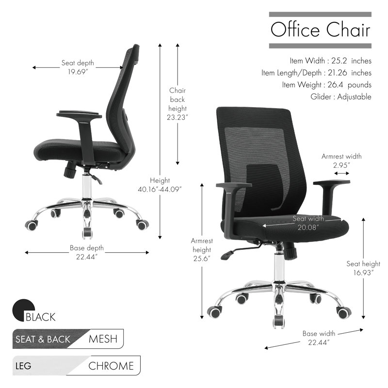 Chaise de bureau ergonomique en filet avec base chromée, Noir