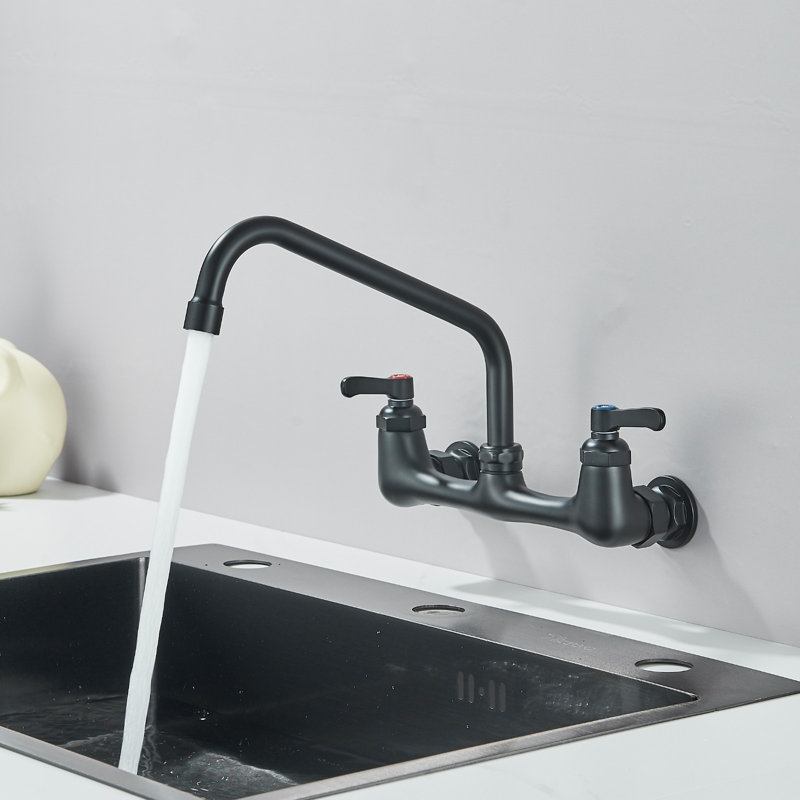 Robinet de cuisine mural Mosson noir mat avec bec de 30,5 cm et poignées à double levier