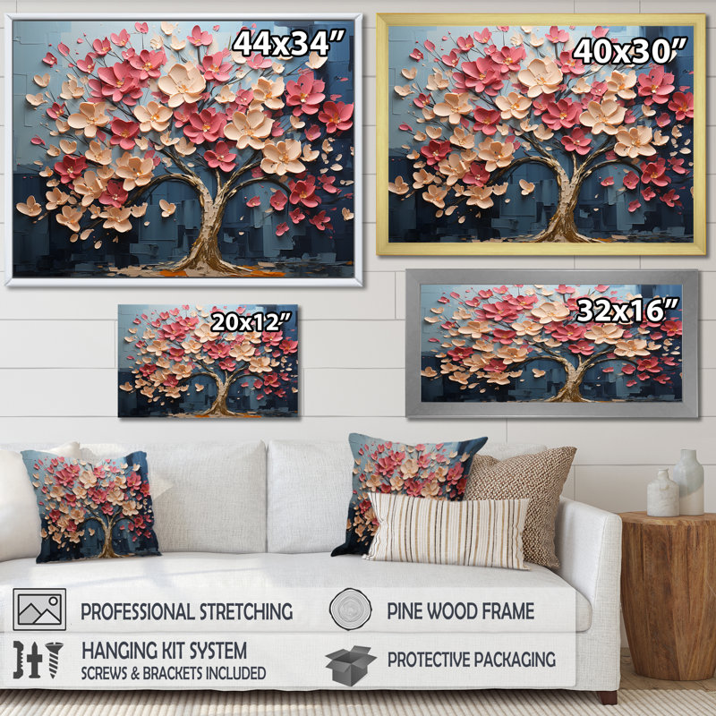 Arbre de pétales dynamique blanc et rose V - art mural arbre, Cadre flottant doré, H 24 po x l 32 po x P 1 po