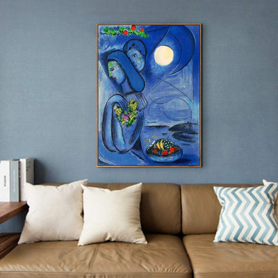 Framed Canvas Wall Art Dream By Marc Chagall Giclee Print Dreamlike Romantic Flowers Painting Modern Home Decor(Wood Color Slim Frame,24"X32")