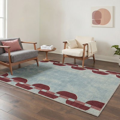 Luma Ultra-Modern Machine Washable Chain Link / Adriatic Blue Indoor Area Rug With Non-Slip Backing