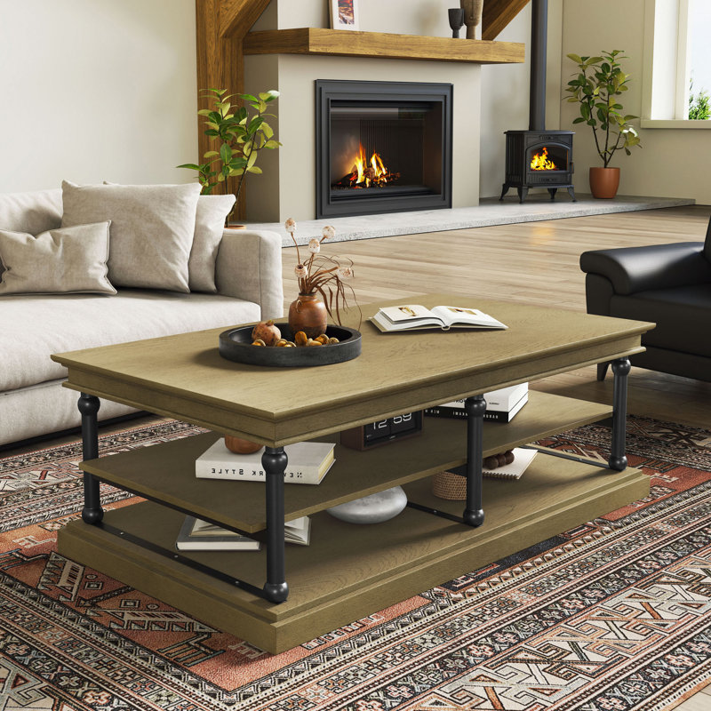 Table basse en bois 55,1 "avec pieds noirs, 2 tablettes de rangement ouvertes, table de salon moderne, brun, Noir / brun