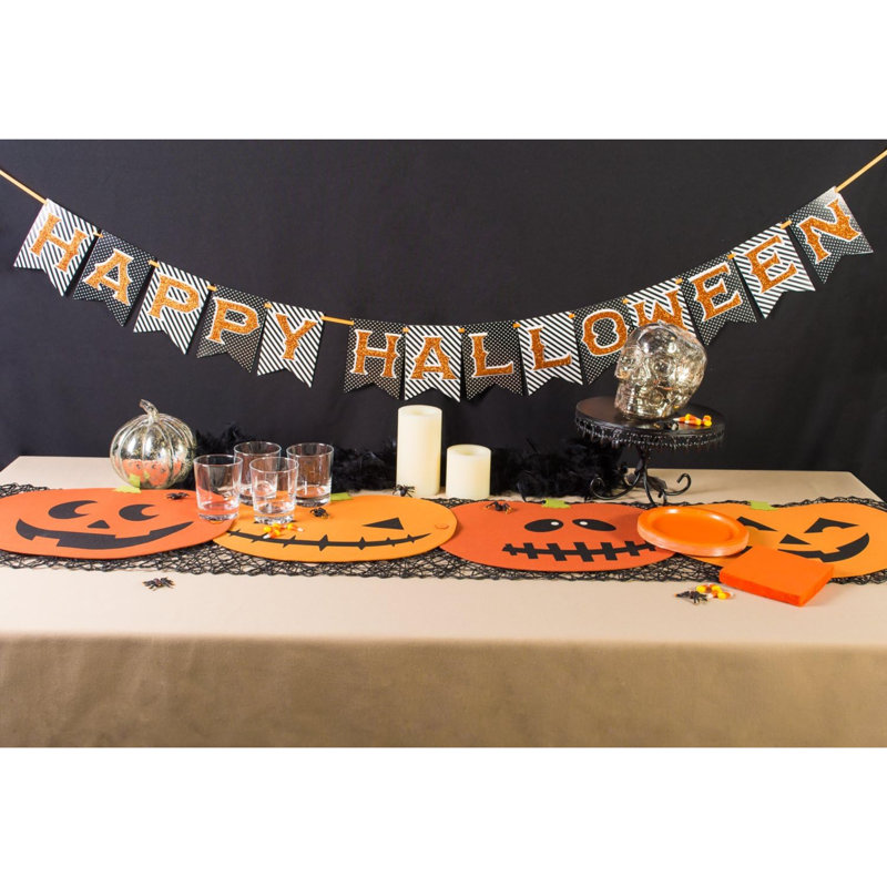 Décoration de table d'Halloween, tissu de coton réutilisable et lavable à la machine, ensemble de chemin de table / napperon, lanterne, 4 pièces