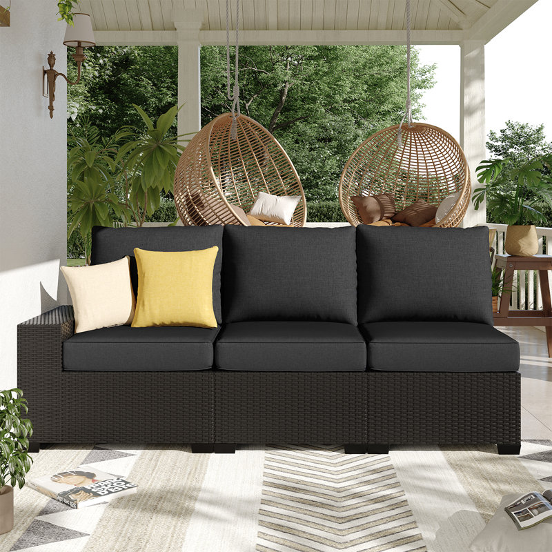 3 -Person Rattan Patio Safo With Cushions, BLACK, BLACK